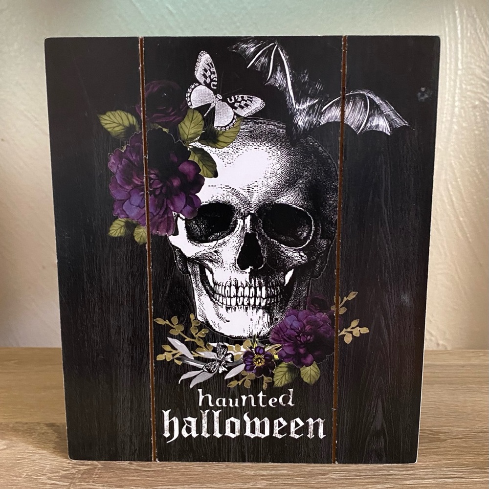 Haunted Halloween Skull and Flowers Table Mantel Wood Sign Wall Art